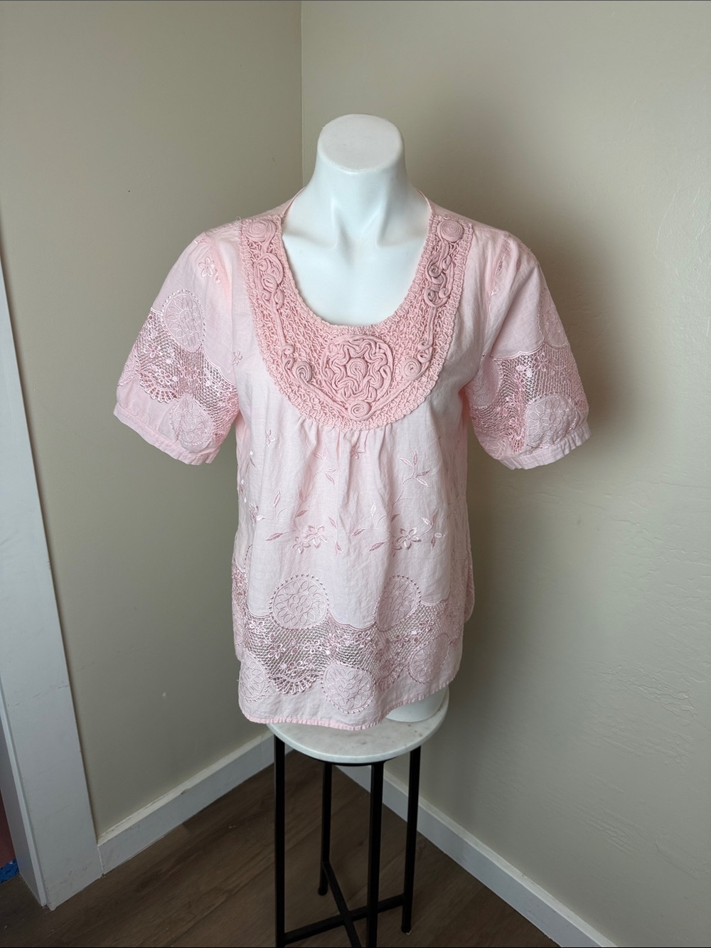 Women's Pink Embroidered Scoop Neck Top